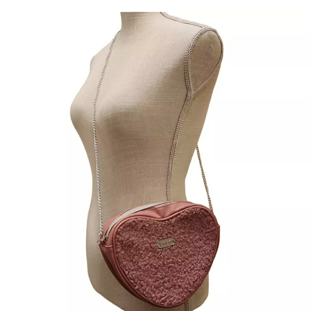 Bebe Pink Heart Crossbody Bag with Plush Texture - Picture 3 of 13